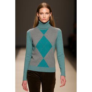 Y2K Argyle Turtleneck Sweater – Teal & Gray Cotton, Preppy Retro- Not worn